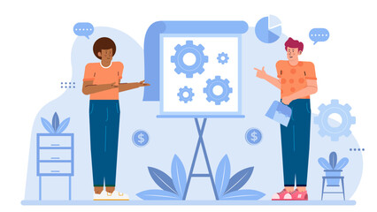 Two men presenting a plan with gear icons. Suitable for business presentations, project proposals, teamwork concepts, strategy meetings, and collaboration.