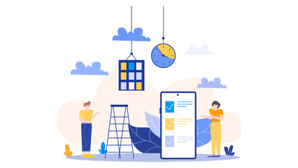 Two people near ladder and large phone. Suitable for business or communication concepts in office or industrial settings.