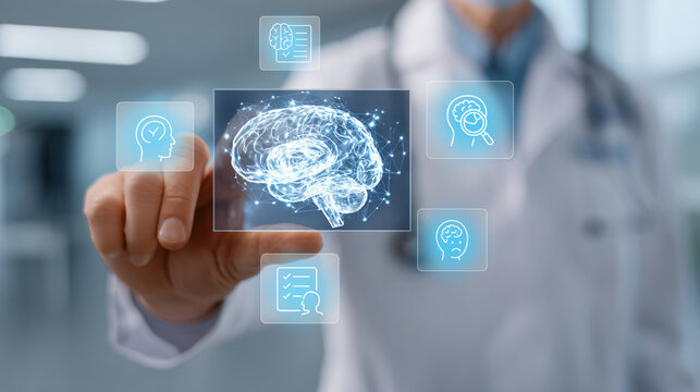 Doctor Interacting with Virtual Brain Interface and Neurology and Brain Icons for Brain protection with habit concept.