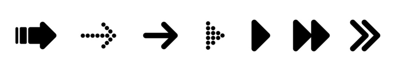 Set of black arrow icons. Various packaging symbols. Motion pointers. Site and player control buttons. Flat style logos. Information pointers. Wayfinding directions. Modern simple vector arrows..ai