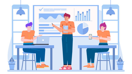 Three individuals discussing business data on charts, ideal for presentations, reports, team meetings, and financial analysis concepts.