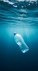 plastic bottle submerged in blue ocean water