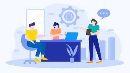 Three people collaborating in a modern office setting, suitable for business teamwork concepts in presentations, websites, and social media.