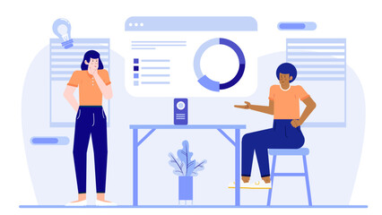 Two people discussing a chart in an office, suitable for business presentations, office discussions, corporate communications, financial analysis concepts.