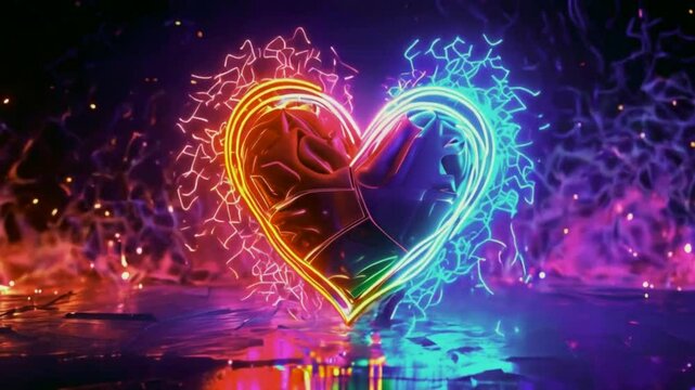 Neon heart with glowing colors on a dark background. - Powered by Adobe