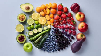 Colorful fruits, berries and vegetables in a circular arrangement, celebrating nature's vibrant bounty