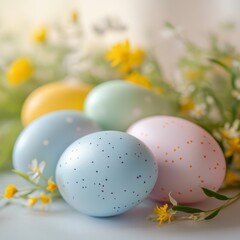 Fototapeta premium Pastel Easter Eggs with Spring Flowers