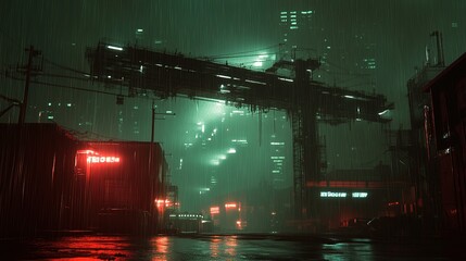 A dark, rainy cyberpunk night, where construction lights pierce through thick dust clouds.