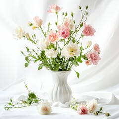 Obraz premium Pastel Lisianthus and Rose Bouquet in White Vase on White Fabric