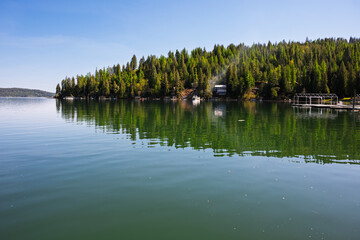Lakefront homes with docks in the Rockford Bay community of the Alpine mountain city of Coeur d'Alene, Idaho, in the panhandle region of Northwest USA.