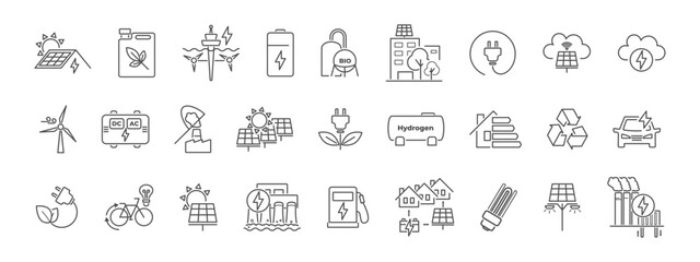Set of green energy icon designs. Line style ecology symbols related to eco power, carbon control, and environment care. Earth-focused elements for sustainability themes. Vector illustration.