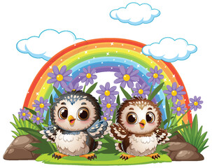Naklejka premium Owls Under a Rainbow with Flowers