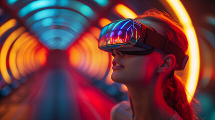 Business woman in formal suit using vr device goggle virtual reality ai experience planing and stretegy process work plan in office