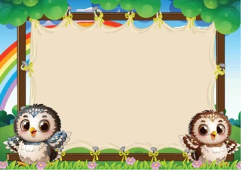 Gordijnen Cute Owls with Rainbow Background © GraphicsRF