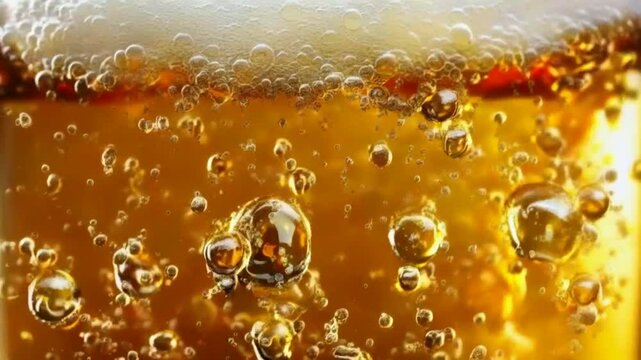 Close-up of golden liquid with bubbles.