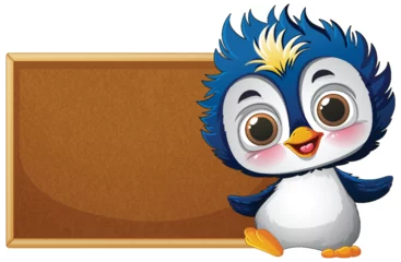 Gordijnen Cute Penguin with Blank Chalkboard © GraphicsRF