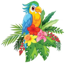 Gordijnen Colorful Parrot with Tropical Flowers Illustration © GraphicsRF