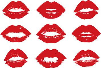 Fototapeta premium Red lipstick kiss prints. Seamless pattern lipstick kiss. Fabric print design, cosmetic industry marketing poster or flyer idea. Multiple shapes female sexy lips on white.