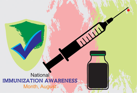 Syringe, vaccine bottle and security shield icon. National immunization month, August. Social or print media awareness message and campaign. 