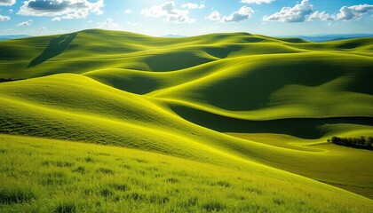 Fototapeta premium Rolling green hills, lush fields under a vibrant blue sky Sunlit pastoral scene, ecology, landscape