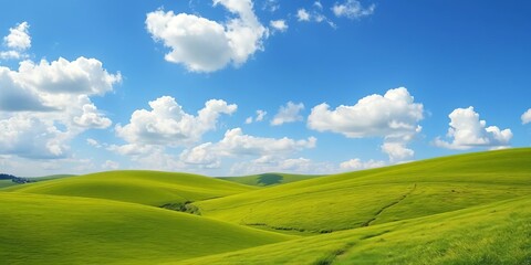 Obraz premium Rolling green hills under a vibrant blue sky dotted with fluffy white cartoon clouds , whimsical, summer