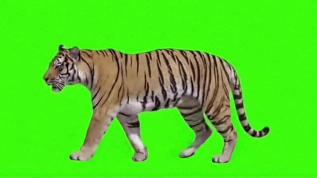 Tiger Walking Green Screen isolated on chroma key, perfect for digital composition, cinema, 3d mapping
