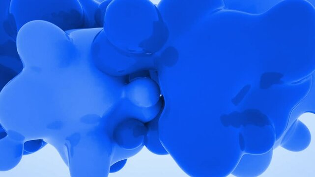 Monochromatic blue abstract animation of glossy blobs merging and evolving on light background, fluid motion