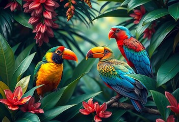 Fototapeta premium Vibrant tropical birds in lush foliage, perfect for summer designs, birds of paradise, tropical theme
