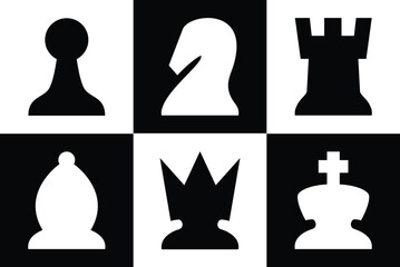 Complete chess pieces icon set include king, queen, bishop, knight, rook, pawn. Top down view for digital view. Modern simple rounded design © lineandcircle