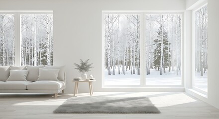 Serene Winter Living Room with Snow-Covered Landscape View