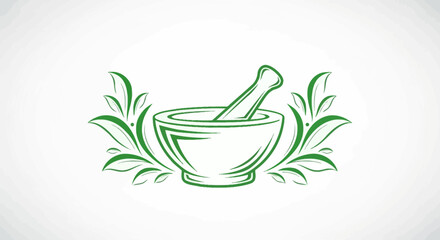 Green Mortar and Pestle with Leafy Accents Illustration