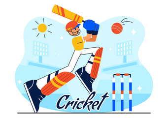 Batsman Playing Cricket Vector Illustration Featuring Bat and Ball on the Field for a Championship Tournament League in a Flat Style Background