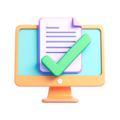3D illustration of a computer screen with a document and a checkmark.