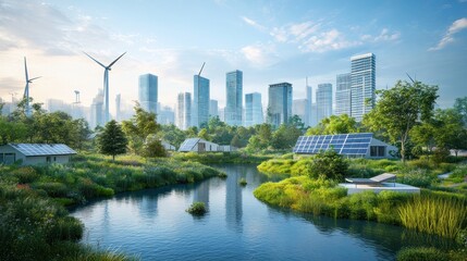 Sustainable urban landscape with eco-friendly buildings, wind turbines, and solar panels. Lush greenery, reflecting in a calm river