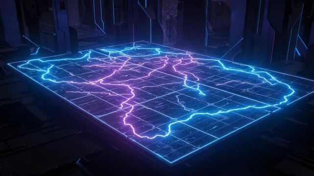 Glowing neon map projection on table