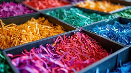 Fototapeta premium Vibrant Rainbow Shredded Paper in Boxes