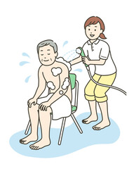 入浴介助をする介護士とシャワーを浴びる高齢男性のイラスト