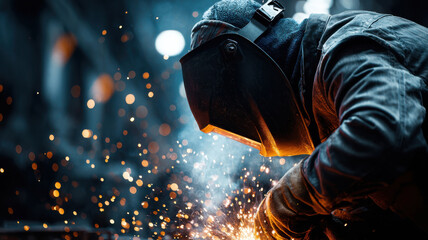 Steelworker welding in sparks under safety helmet, concept of metal industry and craftsmanship