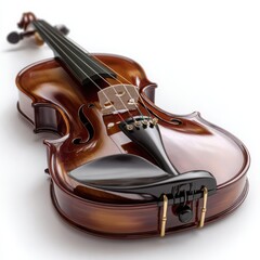 Obraz premium Close-up of a Beautifully Crafted Violin with Glossy Wooden Finish and Strings on a Seamless White Background for Classical Music Enthusiasts and Orchestral Performances - Artistic Angle