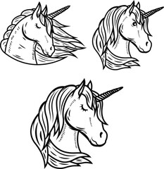 Set of illustrations of unicorn head. Design elements for logo, emblem, sign. Vector illustration