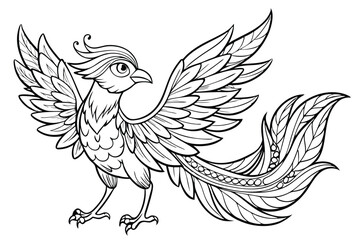 Naklejka premium Detailed Phoenix Bird Illustration with Intricate Feather Patterns for Coloring Book