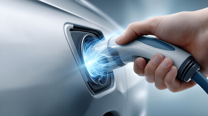 An electric car being charged, electric car charging and hand hold charging cable. The image has blue beam, suggesting the flow of electricity