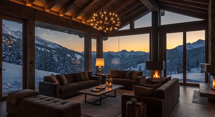 Luxury Mountain Chalet Living Room with Stunning Sunset Views