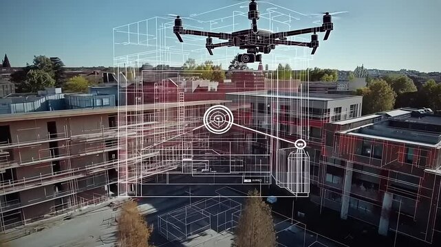 A drone surveying a modern building site with architectural overlays and trees in the background