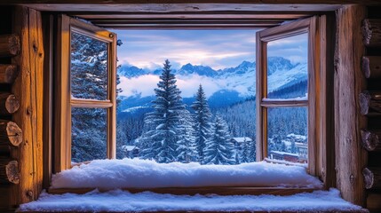 Winter Wonderland View from a Cozy Cabin Window