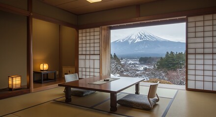 Stunning View of Mount Fuji from a Traditional Japanese Room