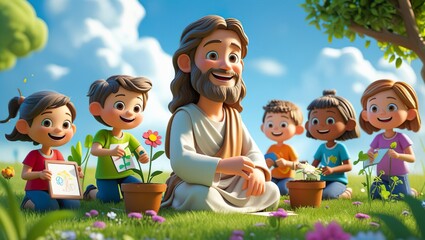 Cartoon Jesus Teaching Happy Children in 3D