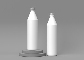 Two Blank White Plastic Bottles on Gray Platform - Product Mockup