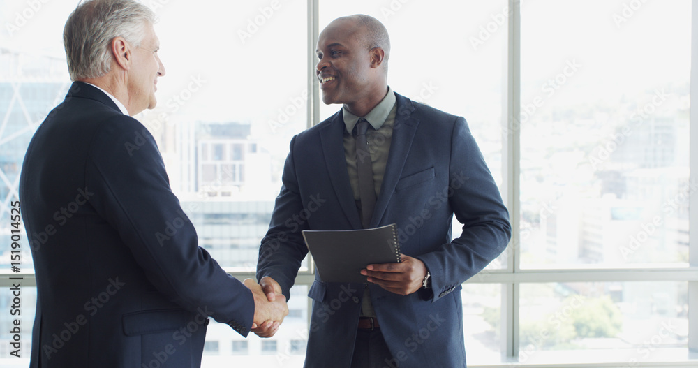 Poster networking, welcome and shaking hands with business men together with document for event. greeting, 