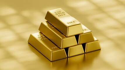A high-quality 3D render of four gold bullion bars stacked in a pyramid formation against a smooth beige background.